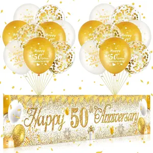 50Th Wedding Anniversary Decorations White Gold Happy 50Th Anniversary Yard Banner And 18Pcs 50Th Golden Wedding Anniversary Balloons For 50Th Golden Wedding Anniversary Party Decorations