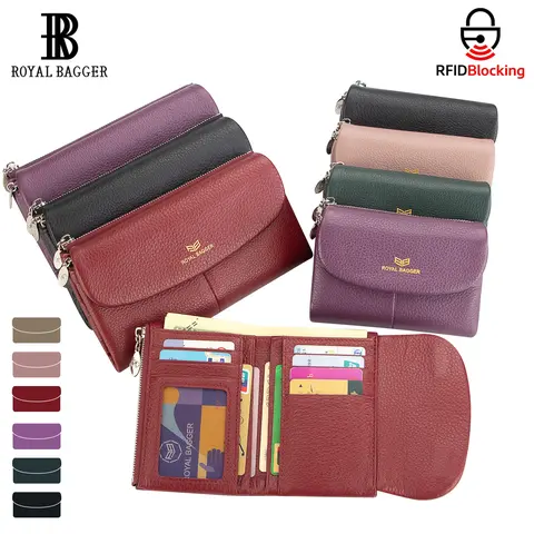Royal Bagger Women's Genuine Leather Trifold Wallet - Magnetic Closure, Multi-Card Slot, Compact Basic Design, 2 Zip Coin Pockets, Anti-Picking Business Leather Card Wallet, Foldable Mini Gift, Model 2063