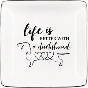 Life Is  With A Dachshund  Dish, Ceramic  Tray for Rings & Earring, Funny Weiner  Ring Dish  for  Lover Gifts, Earring Tray for Dogs Owner Birthday  Accessories
