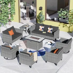 Ovios Outdoor Patio Conversation Set Vultros 8-Piece & 42" Rectangle Propane Fire Pit Table & Swivel Chairs & All-Weather Wicker Furniture for Backyard Patio