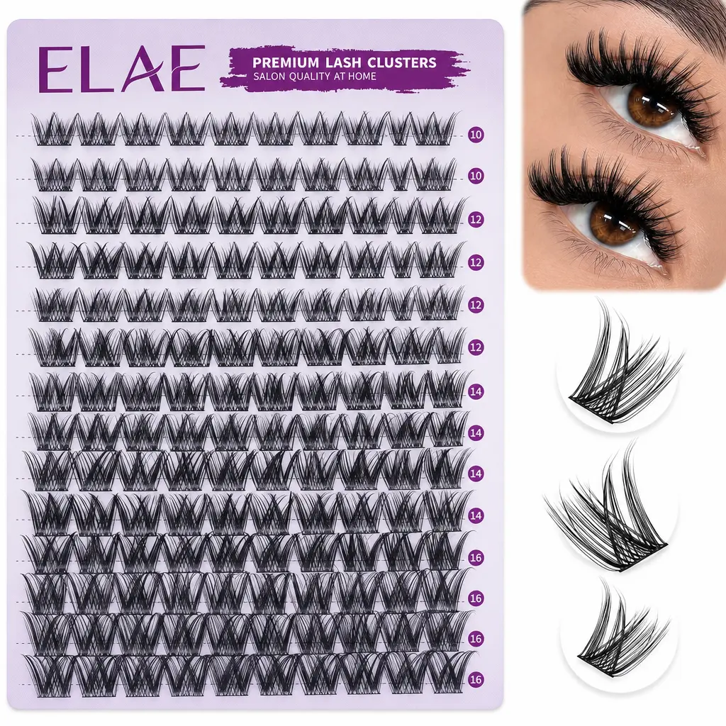 ELAE DIY Lash Clusters with Eyeliner Effect, 140 Individual False Eyelashes for 3D Dramatic Wispy Volume, Adhesive-Free Attachment, 8-16mm Mixed Lengths, Eyelashes Extensions, Adhesive-Free Attachment False Eyelashes & Adhesives