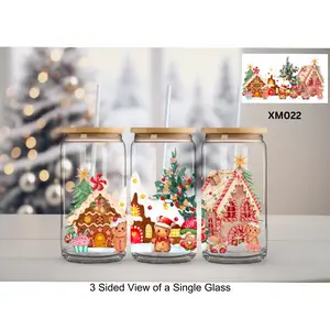 “Gingerbread Town” UVDTF Wrap on 20oz Can Glass with Bamboo Lid and Glass Straw [XM022]