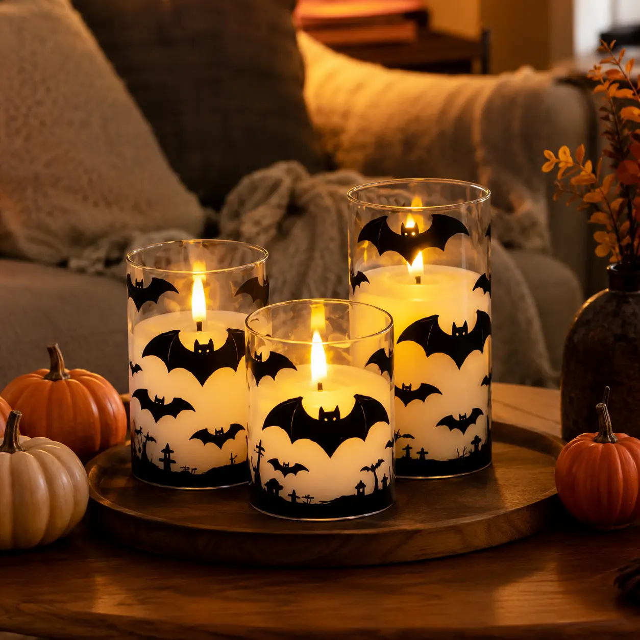 Halloween Bat Glass Flameless LED Candles Set of 3, Cemetery Tombstone Pattern, Flickering Warm Light, Battery-Operated Tabletop Mantel Home Party Festive Decor