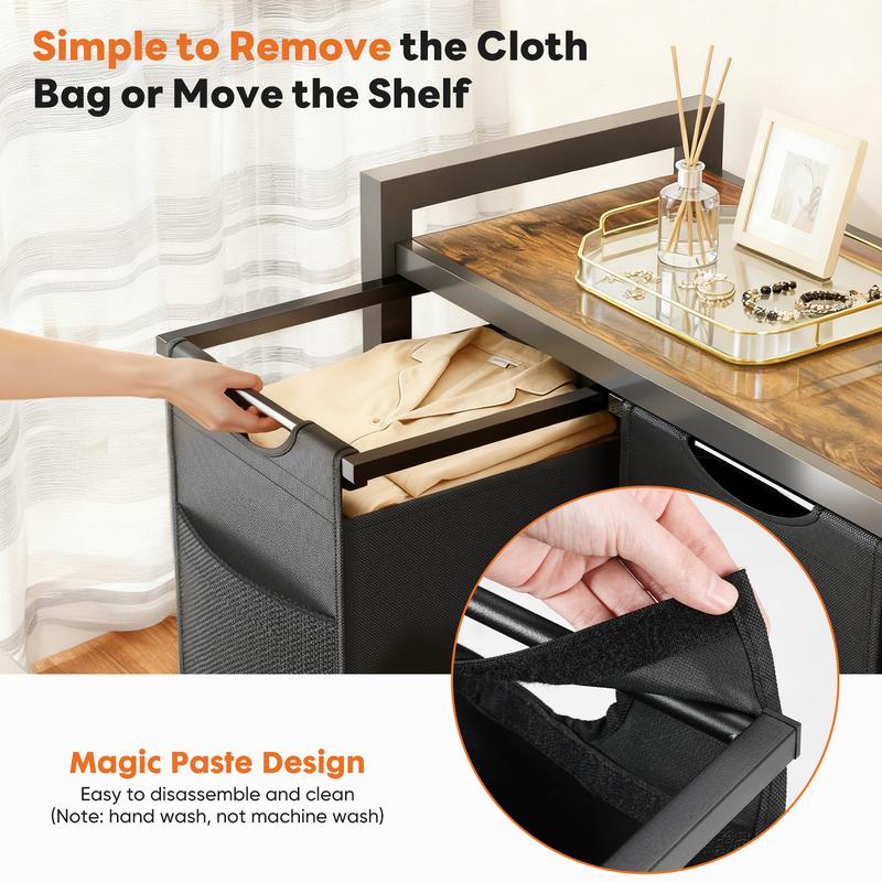 Laundry Hamper, Laundry Sorter with Shelf, Clothes Basket Organizer with 2 Pull-Out and Removable Bags, Movable Wheels for Laundry Room Bathroom Bedroom, Metal Frame, Black