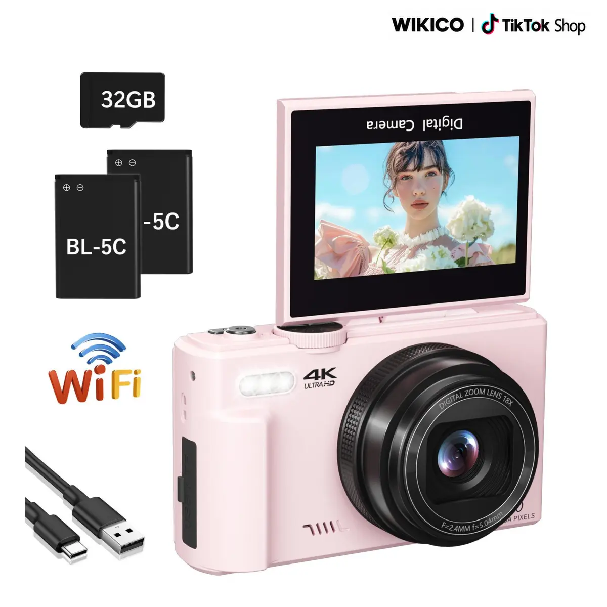 WIKICO Digital Camera (Camera Digital) - 4K 64MP Autofocus Photography Device with WiFi, 32GB TF Card, 180° Flip Screen, Lanyard, Webcam Function, Batteries - Compact Beginner Vlog Travel Kit