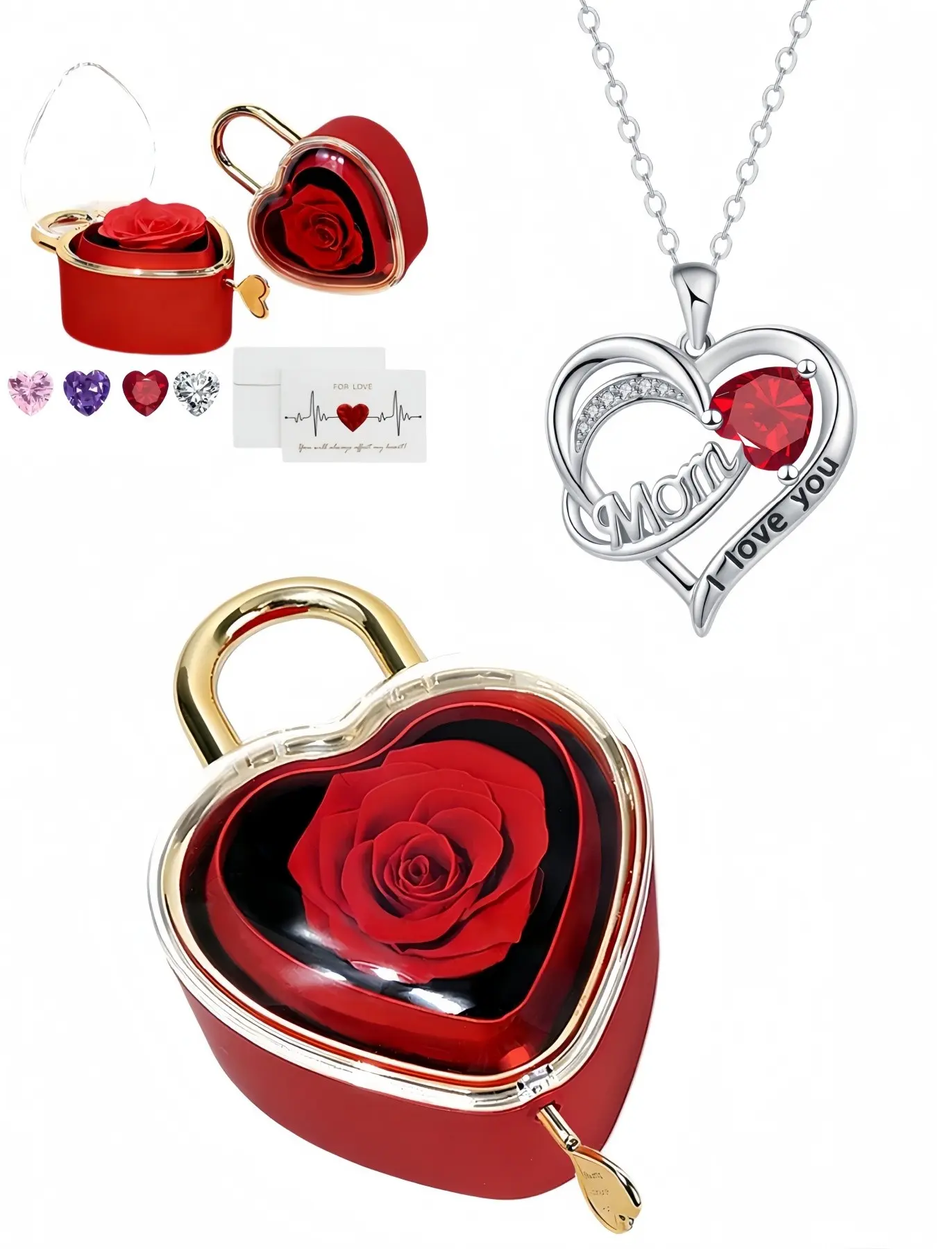 Blazing Heart Confession Luxury heart-shaped MOM gem necklace with romantic design for women.Comes with a rotating heart-shaped preserved rose jewelry box.Ideal for birthdays, Mother's Day, Valentine's Day, Christmas and anniversaries.