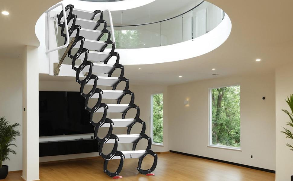 Wall-Mounted Attic Ladder, Robust 12-Step Retractable Stairs with Handrails, 118 in Height, 1102 lbs Capacity, Sturdy Wide Pedals, Black Electrostatic Spraying, Comfortable Use Experience for Various Floors, Contact Through Amazon Wall-Mounted Attic Ladder, Robust 12-Step Retractable Stairs with Handrails, 118 in Height, 1102 lbs Capacity, Sturdy Wide Pedals, Black Electrostatic Spraying, Comfortable Use Experience for Various Floors, Contact Through Amazon