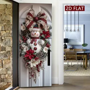 Christmas Snowman Flower Door Hanging Art, Home Decor Ornament, Beautiful Christmas Decoration, 2 Count Door Stickers, Easy Apply Peel and Stick