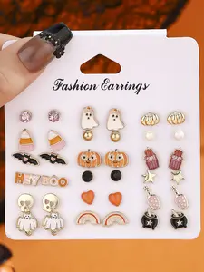 18 Pairs Halloween Themed Stud Earrings Set - Fashion Earrings, Cute & Spooky Jewelry for Women's Daily Wear, Party & Halloween Looks
