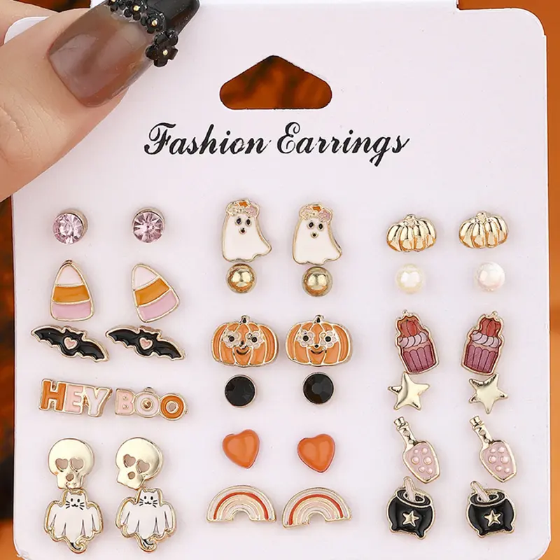 18 Pairs Halloween Themed Stud Earrings Set, Stud Earring Pack - Fashion Earrings, Studs Earrings, Cute & Spooky Jewelry for Women's Daily Wear, Party & Halloween Looks