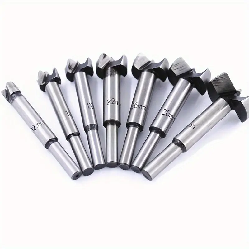 7pcs Tungsten Carbide Forstner Drill Bit Set, Drill Bit Kit, Drill Bits Set - High-Speed Woodworking Tool for Accurate Hole Drilling in Wood Slabs - Black Metal Finish, Carbon Steel Material, Round Shank, Flat Wing Design, Cemented Carbide Tip
