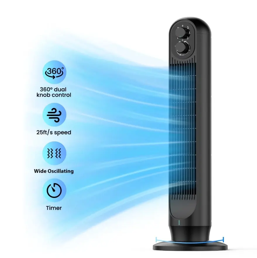 Tower Fan ,31" Oscillating Standing Fan for Home, Floor Fan with 360°Dual Knob Control ,3 Speed ,Timer Bladeless Fan for Bedroom Office ,Black