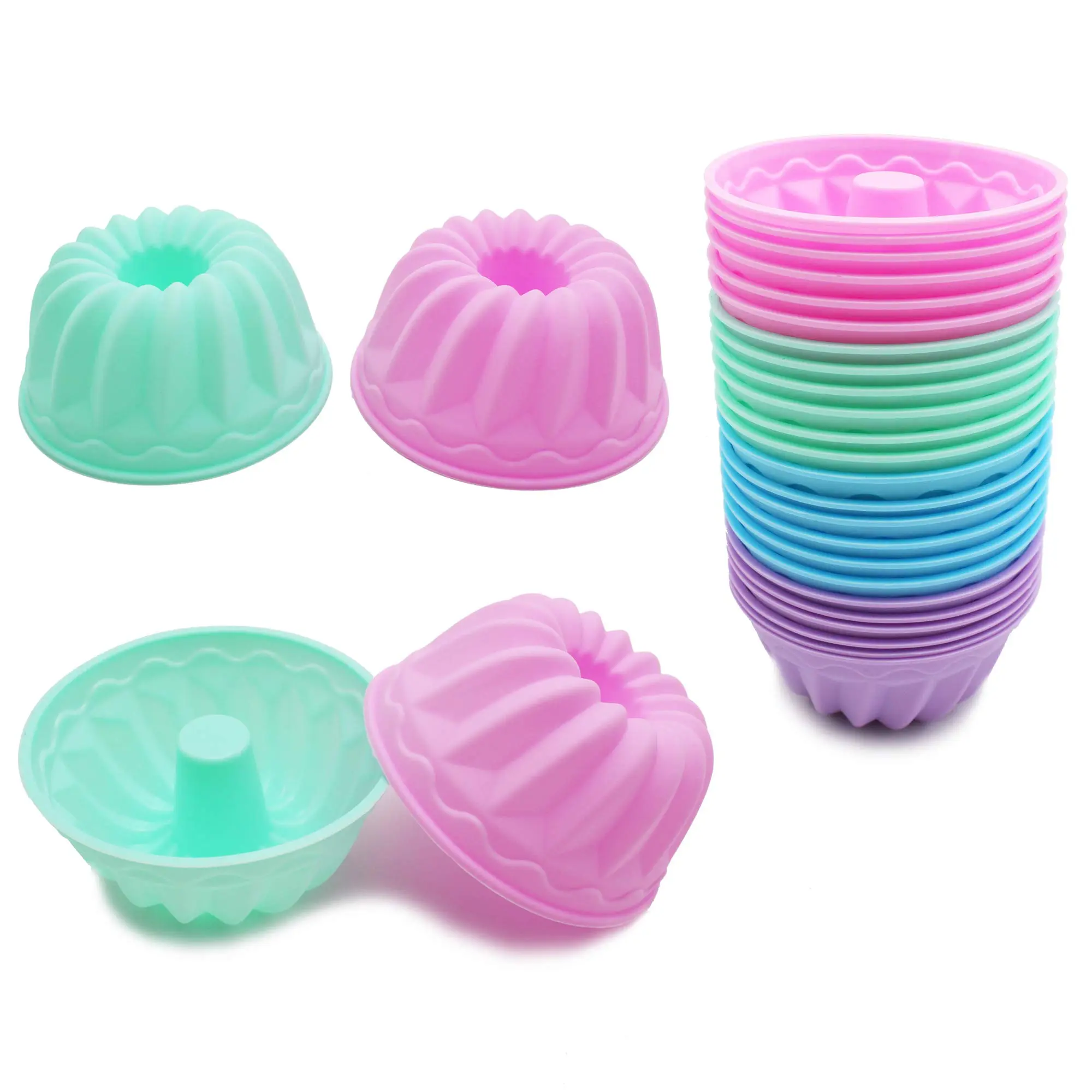 24PCS BPA-Free Silicone Baking Molds - Non-Stick, Flexible, Bright-Finish Dessert Kitchenware - Muffin Cups, Cupcake Liners, Donut Pan - Washable for Oven, Microwave, Dishwasher - Ideal for Birthday Party, Party Uses