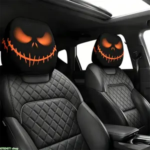 2 PCS Gothic Style Spooky Jack Face Print Car Headrest Covers, Universal Elastic Soft Headrest Protector Creepy Orange Grinning Face Pattern Auto Seat Head Rest Covers for SUV, Truck, Sedan, Car Interior Decor Accessories