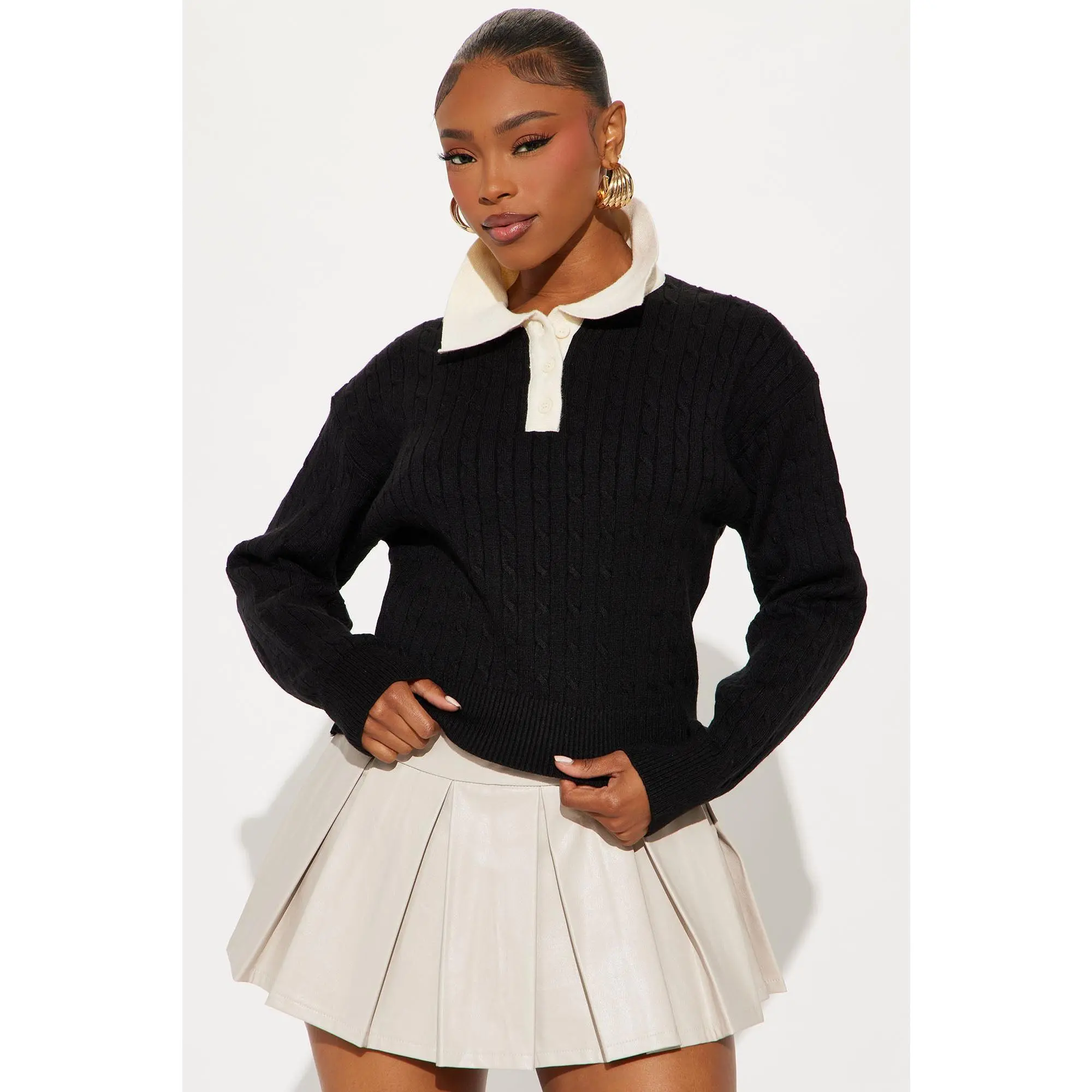 From The Start Cable Knit Polo Sweater - Black