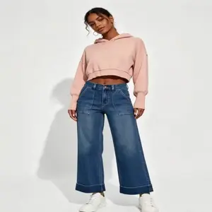 Womens High Waist Wide Leg Jeans Trendy Cropped Denim Pants Solid Ankle Length Stretchy Jeans with Pockets