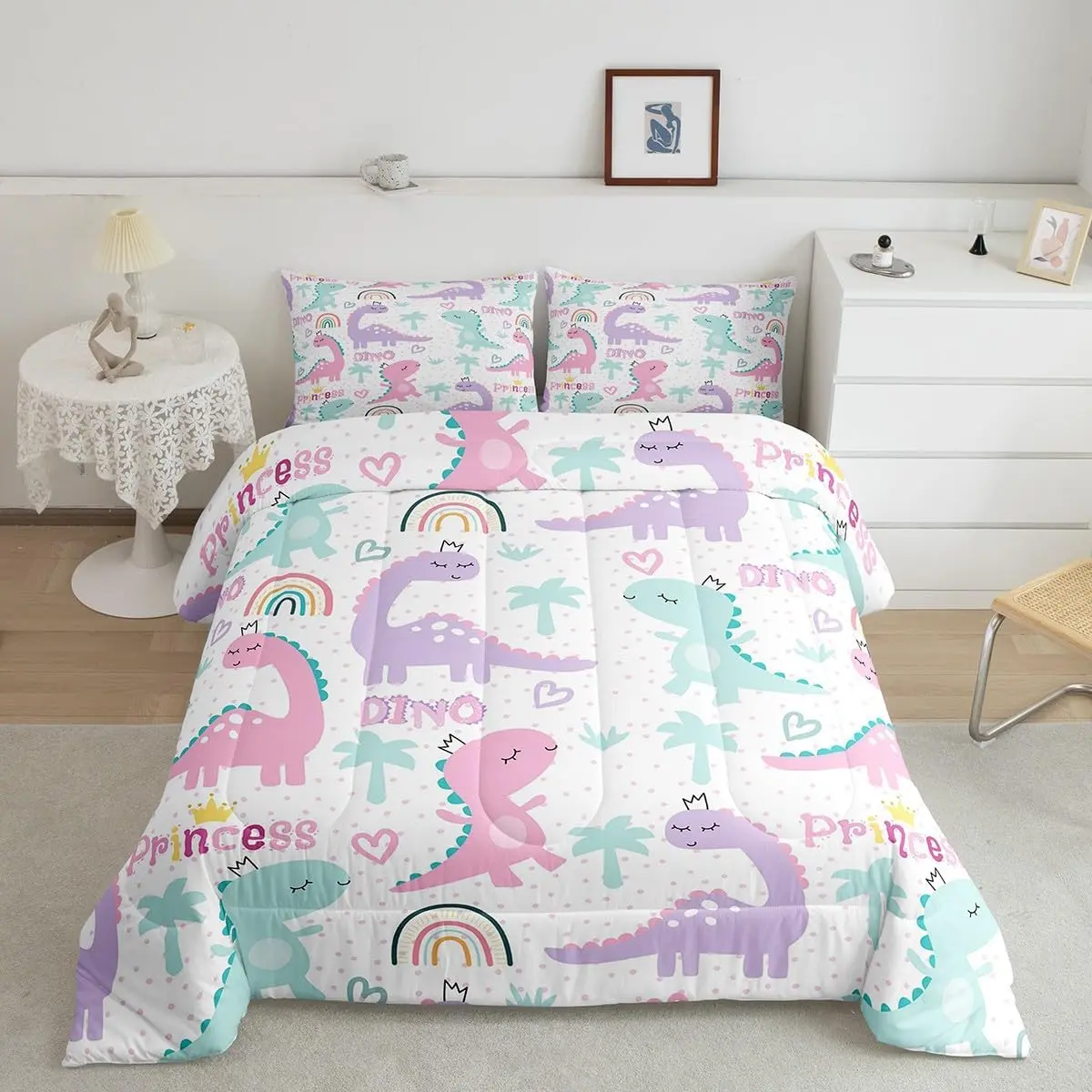 Feelyou Queen Dinosaur Animals Cartoon Bedding Set - Polyester Comfy Duvet Set, Breathable Fabric Kawaii Look Blanket for Daughters, Pastel Pink-Purple-Blue Rainbow Camping-Ready Textile Bedding, Girls