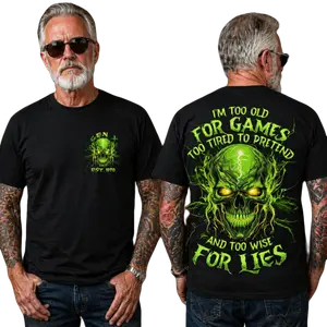 I’m Too Old For Games Too Tired To Pretend And Too Wise For Lies Custom Year Gen X T-Shirt, Personalized 1965-1980 Skull Graphic Tee, Funny Gen X Birthday Shirt, Retro Old School Gift For Men Women