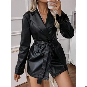Leather PU Double Raffin tiktok é a Breasted Belted Trench Coat