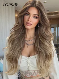 28 Inch Long Wavy Ombre Wigs for Women, Gorgeous Fluffy Wigs without Bangs, Synthetic Lace Front Wigs for Party, Daily Use