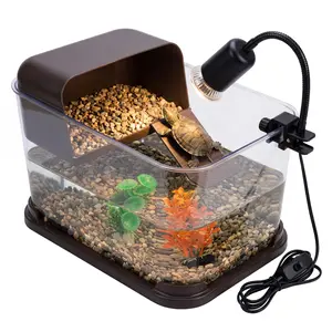 YJ-Garvee Turtle Tank Starter Kit, 5 Gallons Acrylic Turtle Aquarium with Basking Platform & Light, Rocks & Plants, Reptiles Habitat for Turtles, Shrimp, Fish