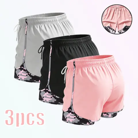 Women’s 3-Pack Camo Quick-Dry Drawstring Active Shorts - Dual-Layer with Inner Compression Base Layer, Side Slits, Loose Fit, Cooling Anti-Exposure Gym Workout Apparel for Yoga, Running (Sportswear, Compression Women's Sports Shorts)