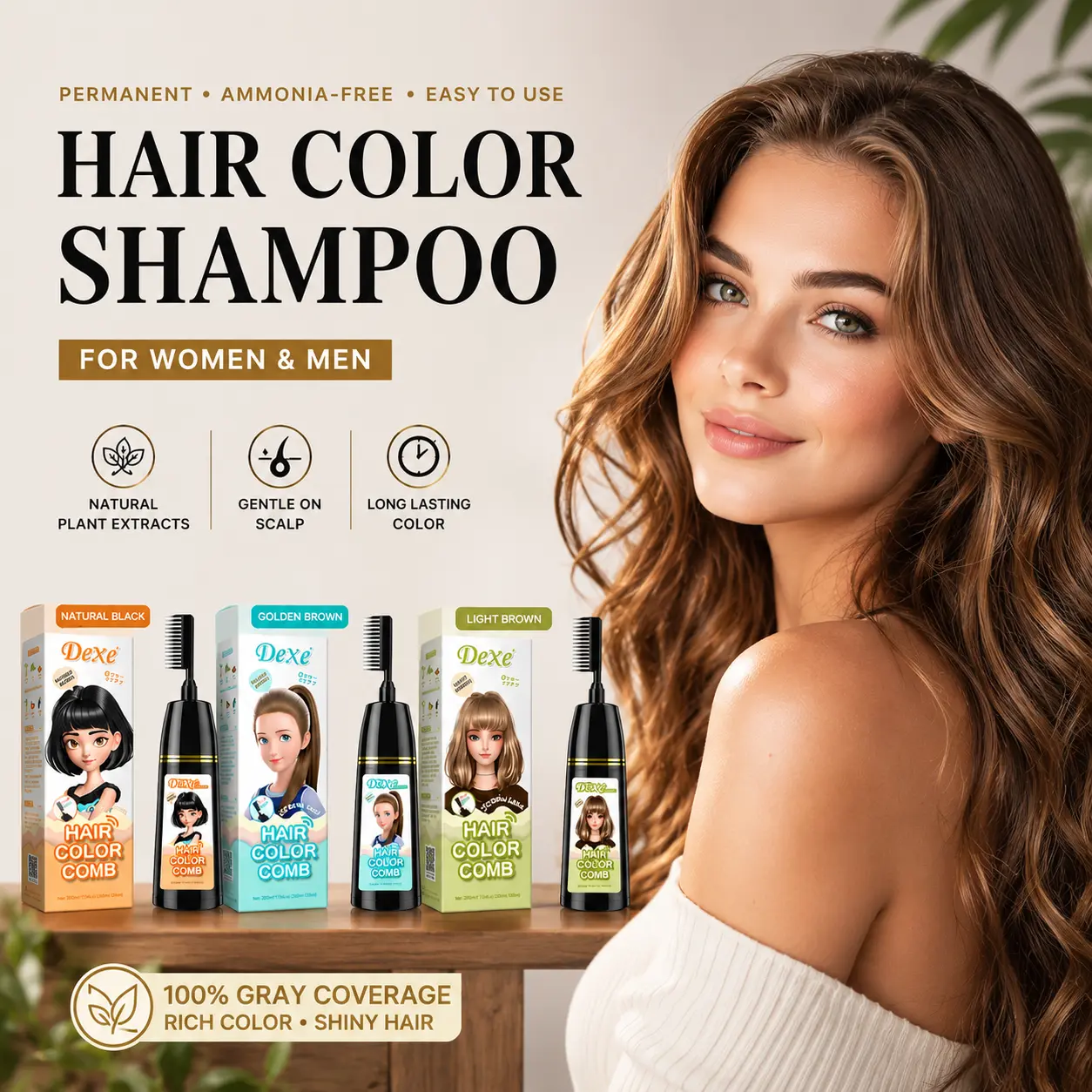Home Use Integrated Comb Hair Dye Cream - Plant Essence, No Damage, Long-Lasting Fade-Resistant, Ash Brown Ash Blonde Highlights Color Fixation Mild