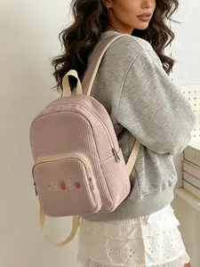 1 piece of rabbit and strawberry pattern 2D printed ladies' backpack, corduroy texture + layered storage + light weight reduction | perfect for students going to class/shopping/short trips | atmosphere and practicality combined