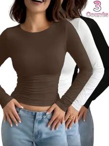 3 Counts Women's Casual Slim Fit Round Neck Long Sleeve Shapewear Basic Tops,Womenswear,Elegant Thermal Shirt,Cute Tee for Ladies All Seasons,Warm Underwear,Fashion Ruffle Basic Layer,Breathable Loungewear,Y2K Tee,Suitable for Daily,Outing,Party,Sports