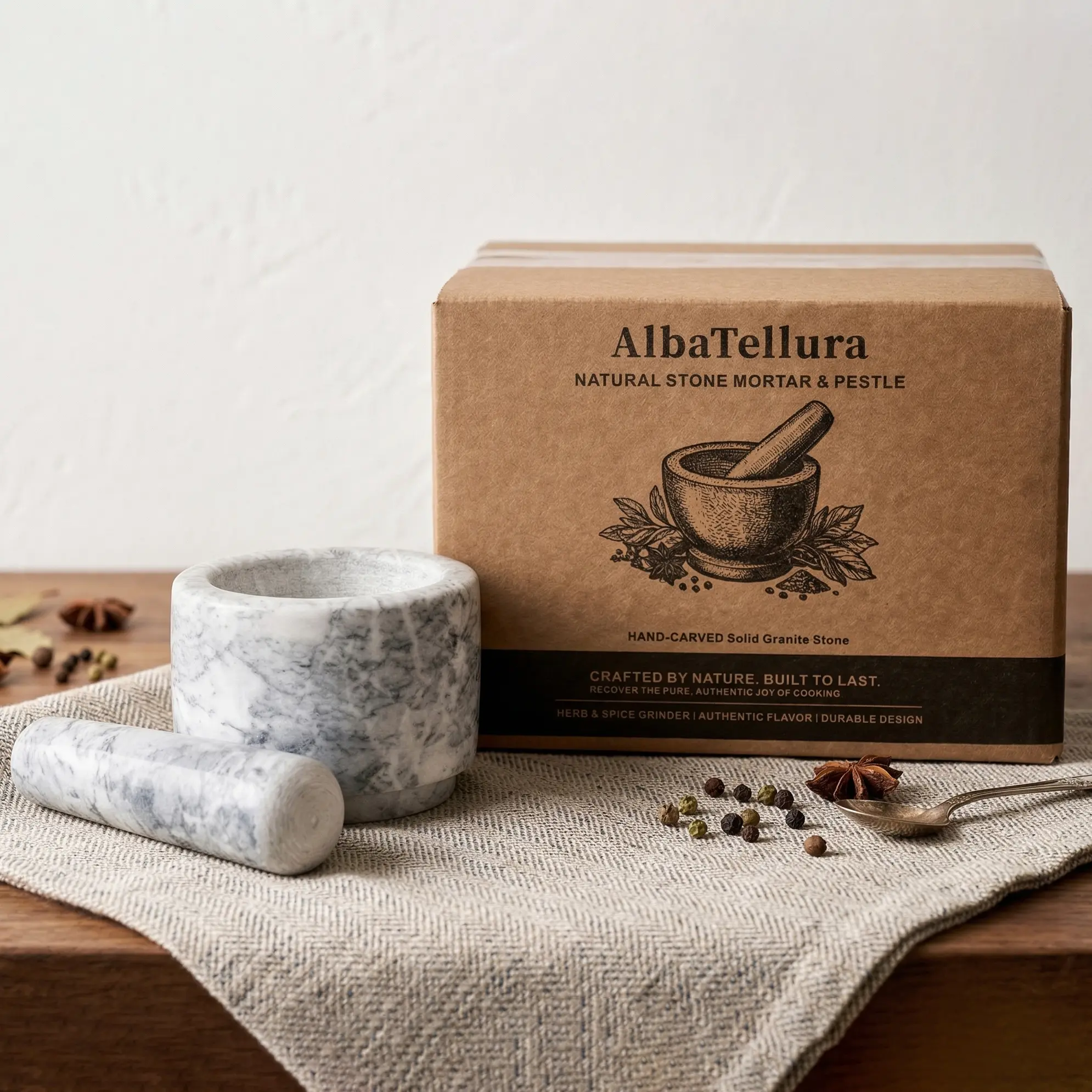 AlbaTellura Premium Natural Stone Mortar and Pestle Set, Kitchen Gadgets for Cooking Seasoning Prep with Unique Texture, Ideal for Grinding Spices and Garlic Paste