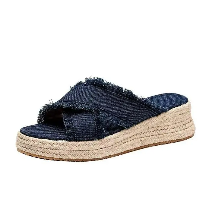 Women's Distressed Denim Espadrille Platform Sandals Frayed Criss Cross Band Slides Slip On Wedge Slippers Open Toe Flatform Summer Beach Vacation Casual Resort Boho Y2K Trendy Shoes