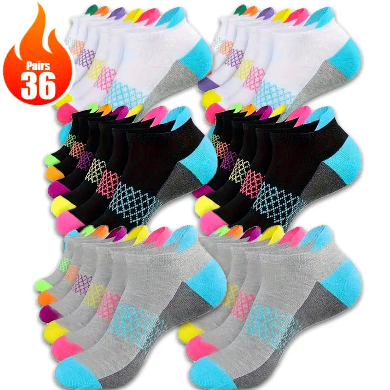 Women's French Terry Sporty Chic Female Socks - 6/12/18/36 Pairs, 12 Pairs of Mixed Colors, Stripe Mix, 1 Size Fits All, Breathable, Moisture-Absorbing, Quick-Drying, Comfortable, Ideal for Running/Basketball, One Size Fits All, Adults