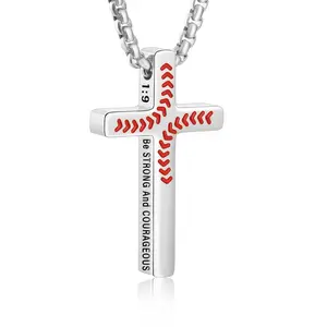 Boys' Baseball Bible Verse Cross Necklace, Stainless Steel Crucifix Pendant Chain, Christian Religious Jewelry Gift for Son Children Teens Team, Cross Jewelry Print