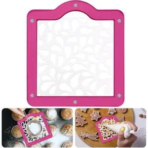 Magnetic Acrylic Cookie Stencil Holder,Cookie Stencil Frame Stencils for Royal Icing,Magnetic Template Frame for Cooking Cake Coffee Dessert Decoration Supplies (Pink Square-6.7 * 6.1 in)