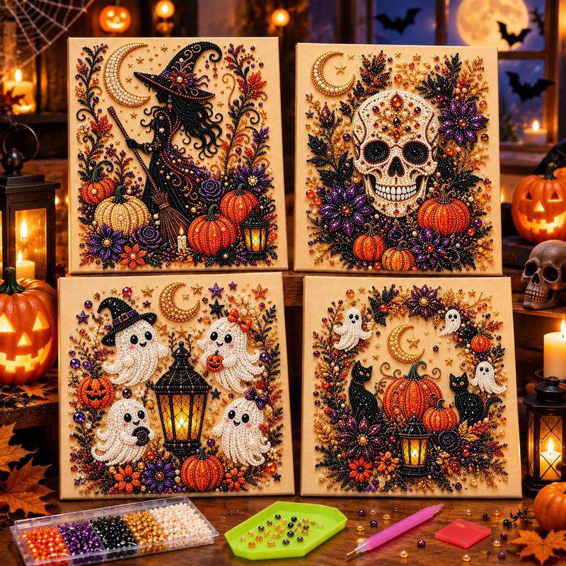 Halloween 3D Pearl Art DIY Kit - Beginner-Friendly Pearl Beads Craft Set, Diy Needlework Arts, Ghost Themed Fall Home Wall Decor, Seasonal Party Gift