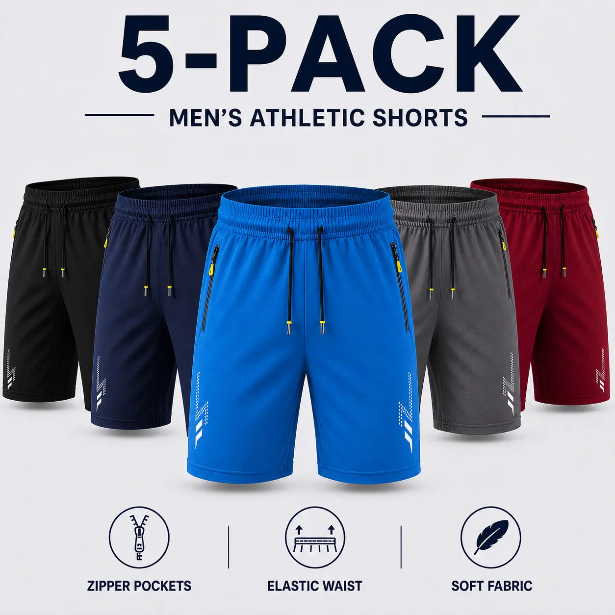 Men's 5-Pack Athletic Workout Shorts - Quick-Dry Lightweight Fabric, Elastic Drawstring Waist, Zip Pockets for Active Use, Zip Pocket