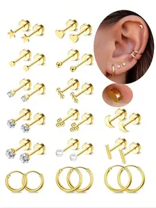 15 Pairs Hypoallergenic Small Flat Back Stud Earrings for Women, 18k Plated 316L Stainless Steel Earrings, Tiny Screw Back Cartilage Earrings Stacks Jewelry is the best gift for her. Hoop Earrings