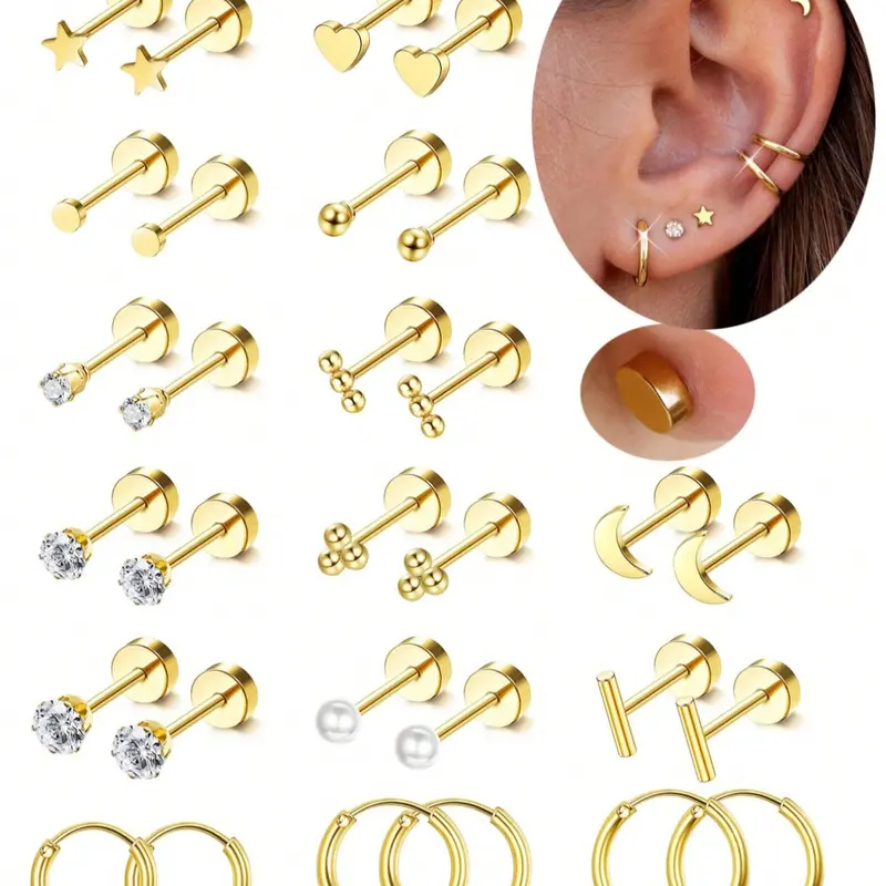 15 Pairs Hypoallergenic Small Flat Back Stud Earrings for Women, 18K Plated 316L Stainless Steel Dainty Earrings, Tiny Screw Back Cartilage Earrings Stacks, Jewelry Gift for Her, Earrings Hoops, Hoop Earrings Stacking Set