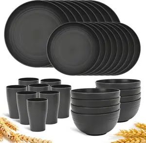 [Limited time deal] 32pcs Wheat Straw Dinnerware Sets, Kitchen Plastic Plates and Bowls Sets Unbreakable Dinnerware Sets, Tableware Wheat Straw Dinner Plates, Dessert Plates, Bowls and Cups, Dishes Set (Black) Cutlery Lightweight