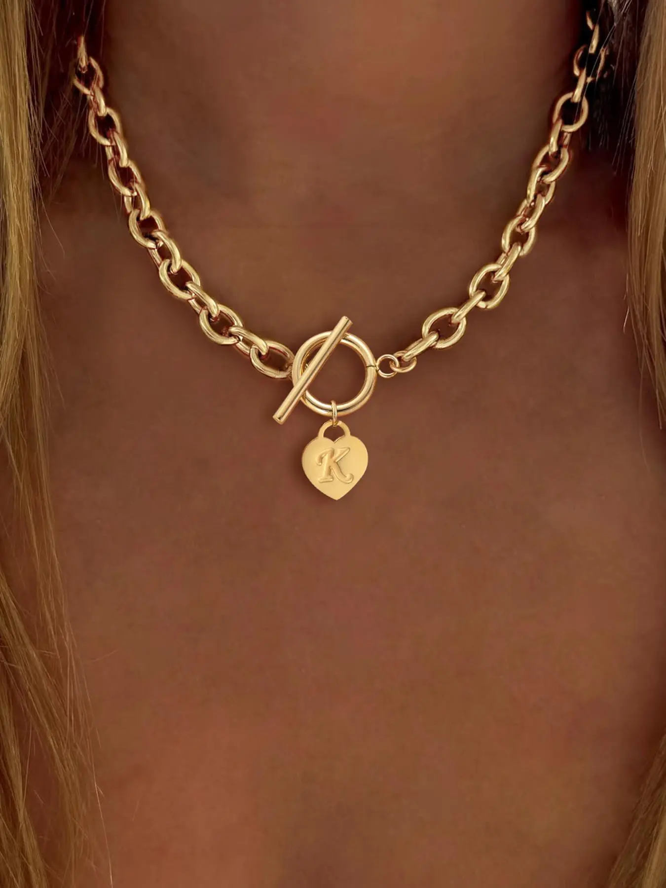 Heart Initial Pendant Necklace, Alphabet Heart Necklace, Dainty Initial Necklaces, Fashion Minimalist Necklace, Stainless Steel Chain Necklace for Women for Gift, Girl's Temperament All-match Accessory, Cuban Link Chain