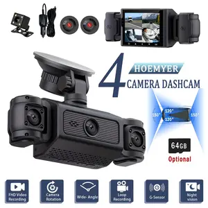 360° 4-channel dash cam, 1080P recording, with night vision, loop recording, G-sensor, 24-hour parking monitoring, left and right lenses can be turned off, supports optional 64GB memory card.
