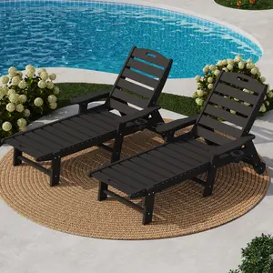 2-Pack HDPE Folding Chaise Lounge Chairs, 5-Position Adjustable Outdoor Patio Recliner with Cup Holder, Wheels & Armrests, Durable Resin for Poolside Garden,summervibes