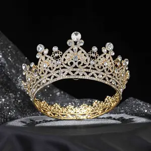 Princess Jewelry Large Full Circle Rhinestones Queen Pageant Crown Wedding Bridal Hair Jewelry Wedding Dress Accessories,Gold tiara