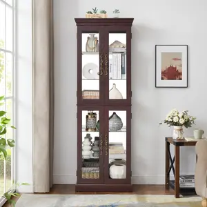 Lighted Glass Curio Display Cabinet,Display Cabinet,Glass Storage Cabinet Glass Wine Cabinet Wood Frame Toy Display for Living Room, Kitchen, Pantry Light Bulb Included Dark Cherry Furniture Interior