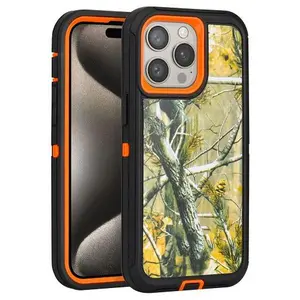 Tough Pro Case with Holster Clip - Tree Camo Design on Orange PC Hard Cover with Soft Orange TPU Bumper For Every iPhone Model