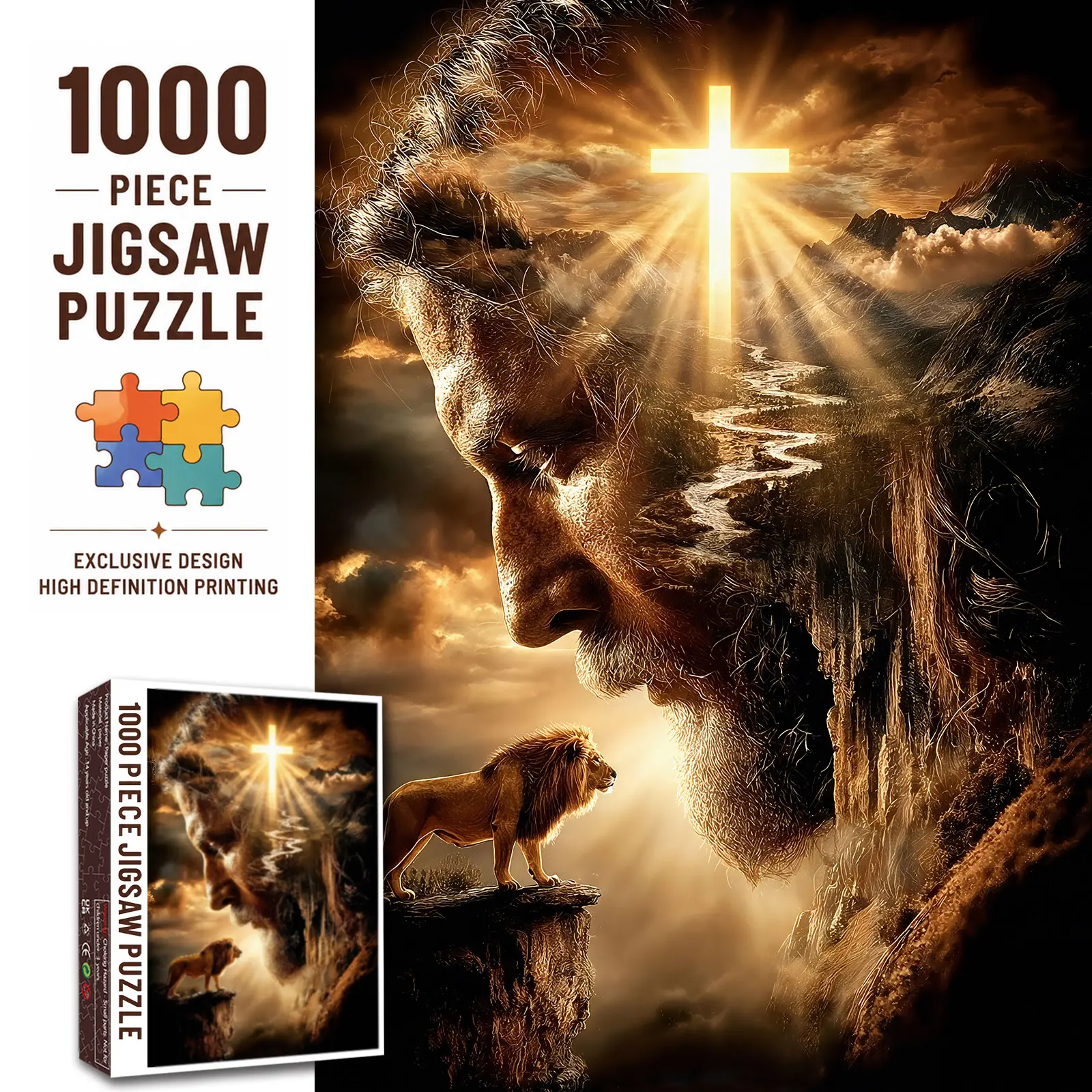 Walarky Jesus Lion of Judah 1000 Pieces Jigsaw Puzzle, Praying Christ with Glowing Cross and Path to Heaven, Challenging Brain Game for Adults, Relaxing Family Activity, Christian Wall Decor Religious Gift for Seniors, 27.5x20inch(70x50cm)