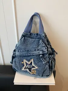 Women's Star Bear Embroidered Denim Backpack, Casual Drawstring Tote Bag, Stylish Shoulder Bag for Daily Use, Fashionable Accessory