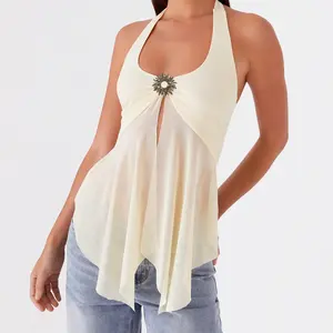 Women Sexy Sleeveless Halter Tops Summer Chic Tie Up Backless Sheer Mesh Split Shirts For Streetwear Aesthetic Grunge Clothes Y2k Vests S-XL