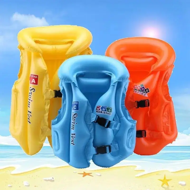 Inflatable swim vest for children and infants learning to swim; features a three-chamber design, dual adjustable buckles, and thickened safety support. This lightweight, comfortable floating vest is ideal for water training and pool use.