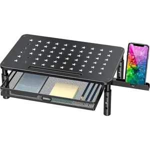 Monitor Stand Riser with Metal Mesh Drawer, Height Adjustable Design with Phone Holder, Multi-functional Desktop Organizer for Computer, Laptop, Printer and Notebook, Desktop Monitor Support Rack with Storage Space